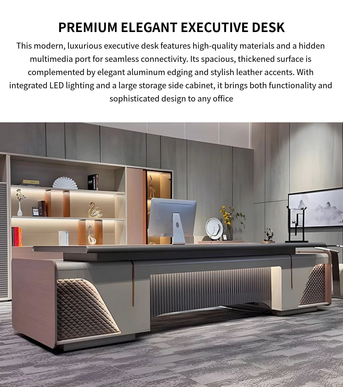 Modern Executive Desk with Side Storage, Curved & Cable Management for Home Office — Detail image 1