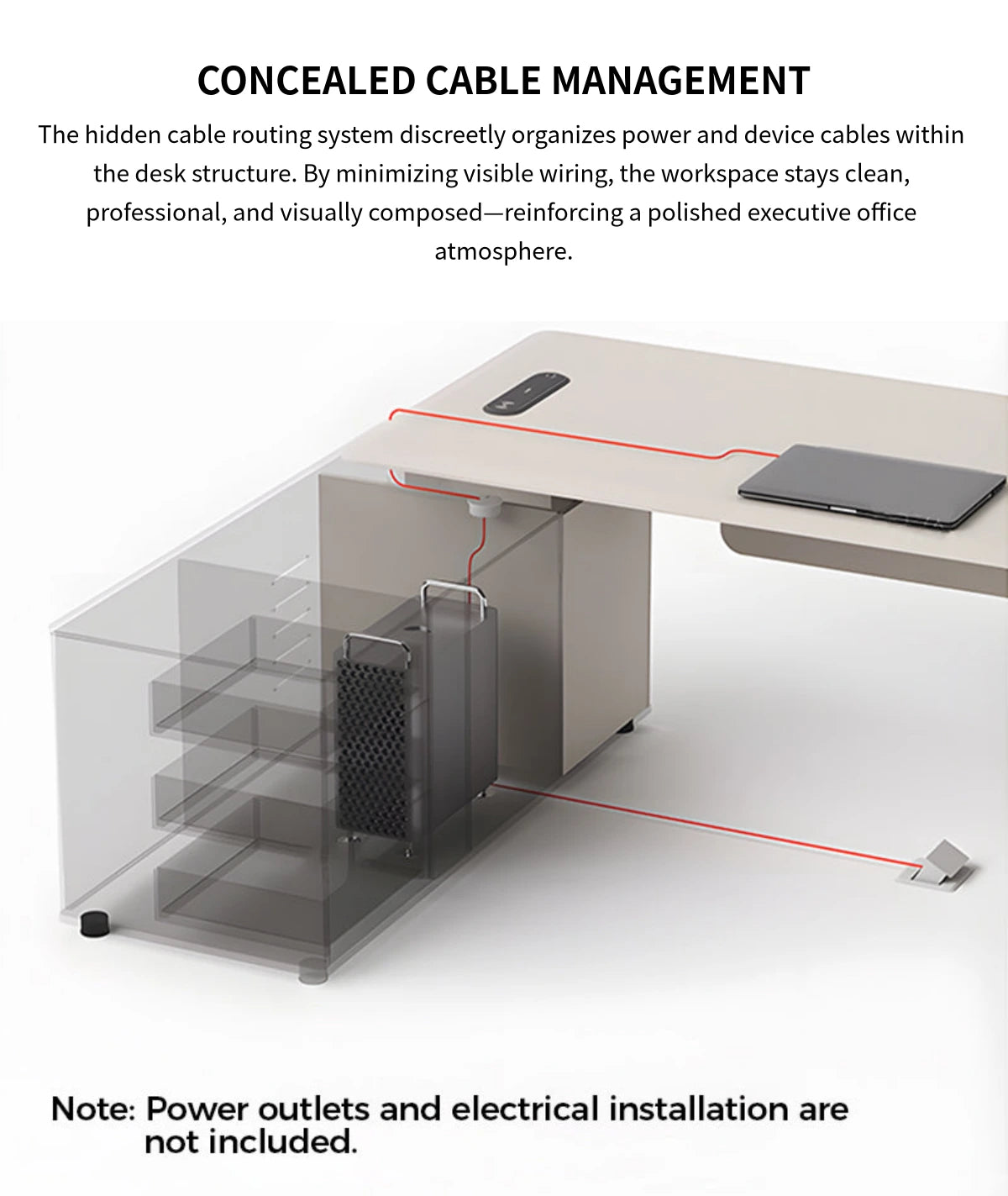 Executive Desk 71-94 in Wide with Wireless Charging, Cable Management & Side Storage — Detail image 6
