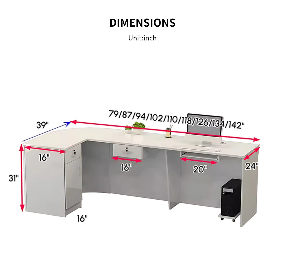 L-Shaped Reception Desk 79-142 in Wide with Keyboard Tray, Lockable & Lumbar Support — Detail image 12