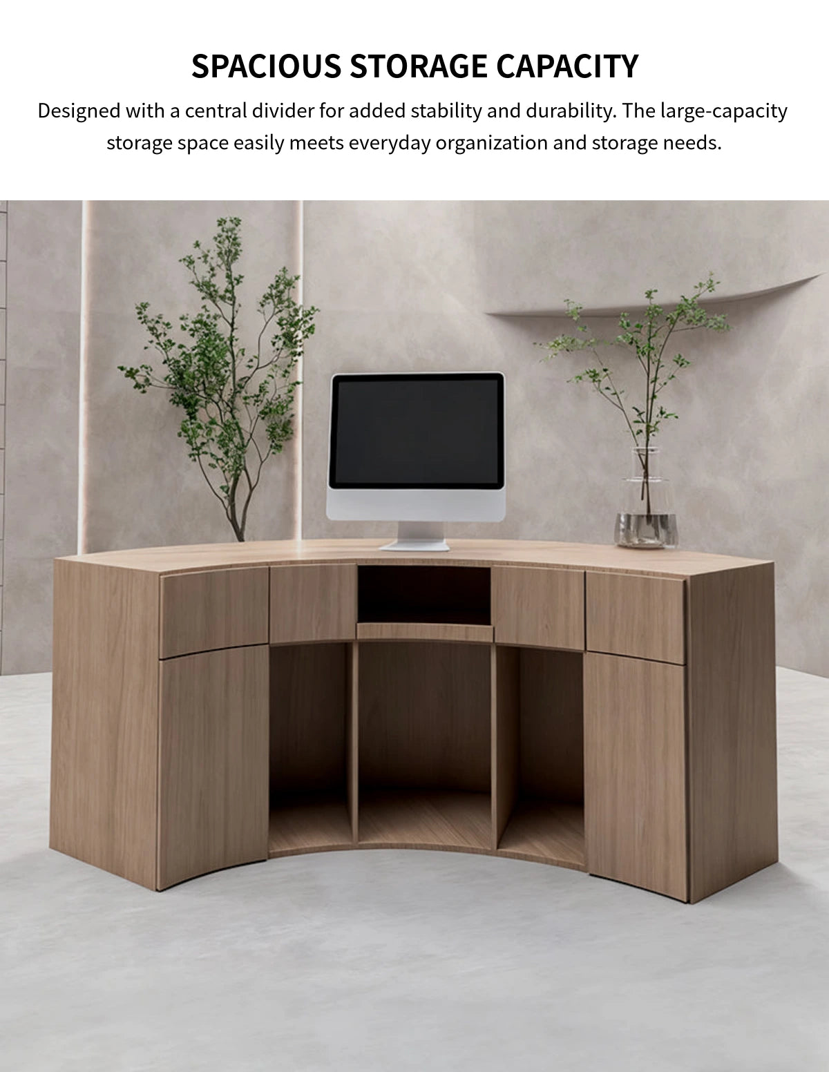 Curved Reception Desk 59-110 in Wide with Solid Wood, Lumbar Support & Privacy Panel — Detail image 5