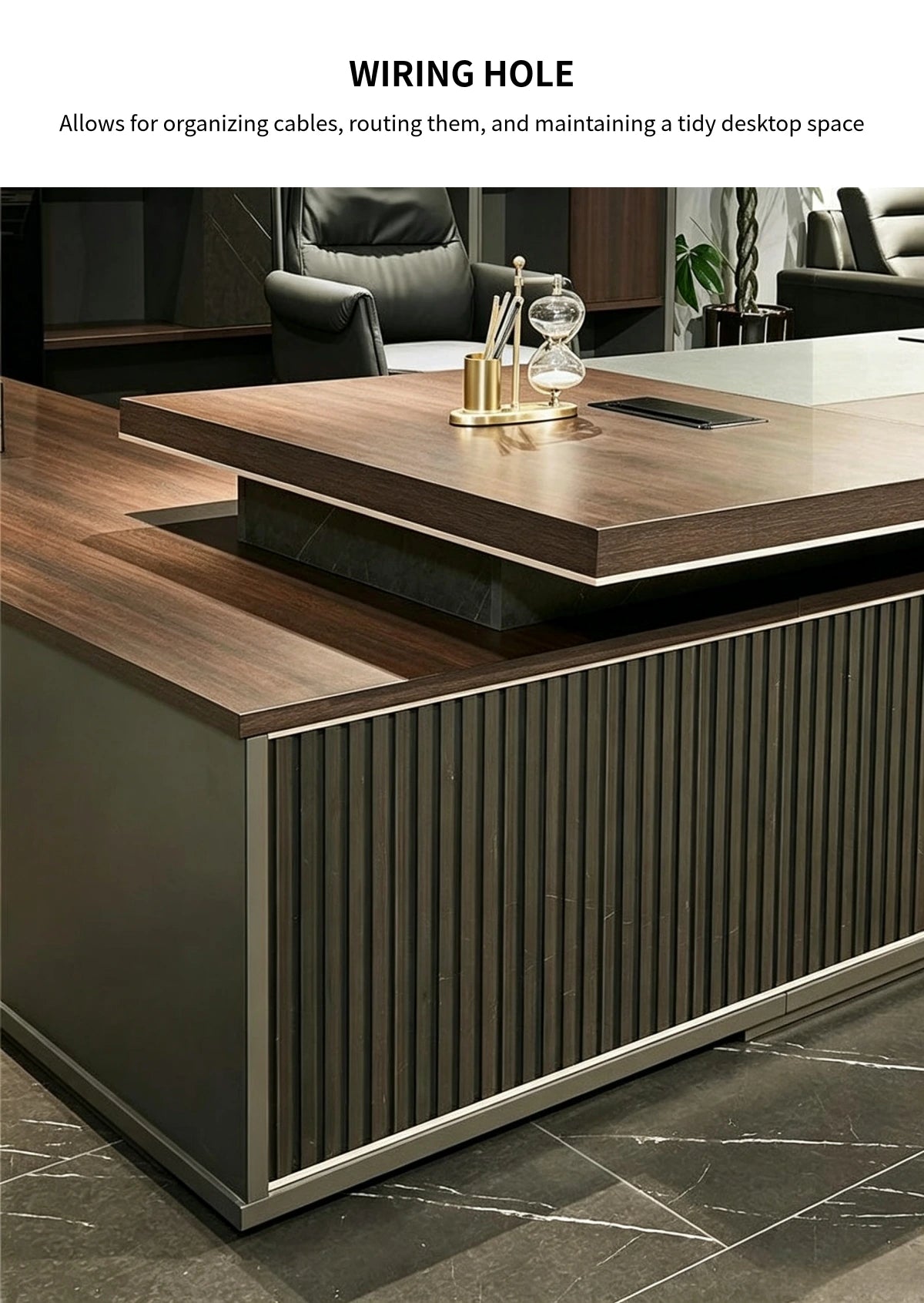 Modern Executive Desk with Cable Management, Side Storage & Marble Top for Home Office — Detail image 2