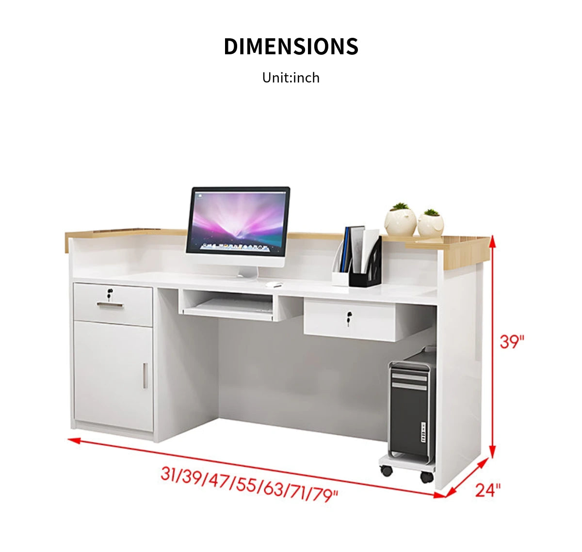 Curved Reception Desk 31-71 in Wide with Lockable, File Drawers & Fluted Front for Salon — Detail image 14