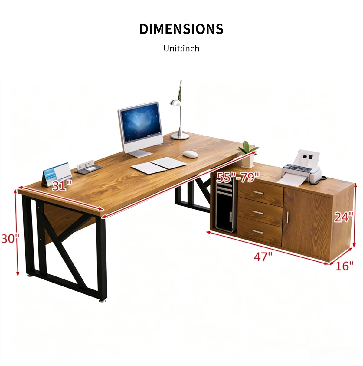 Modern Executive Desk 47-79 in Wide with Cable Management for Home Office — Detail image 7