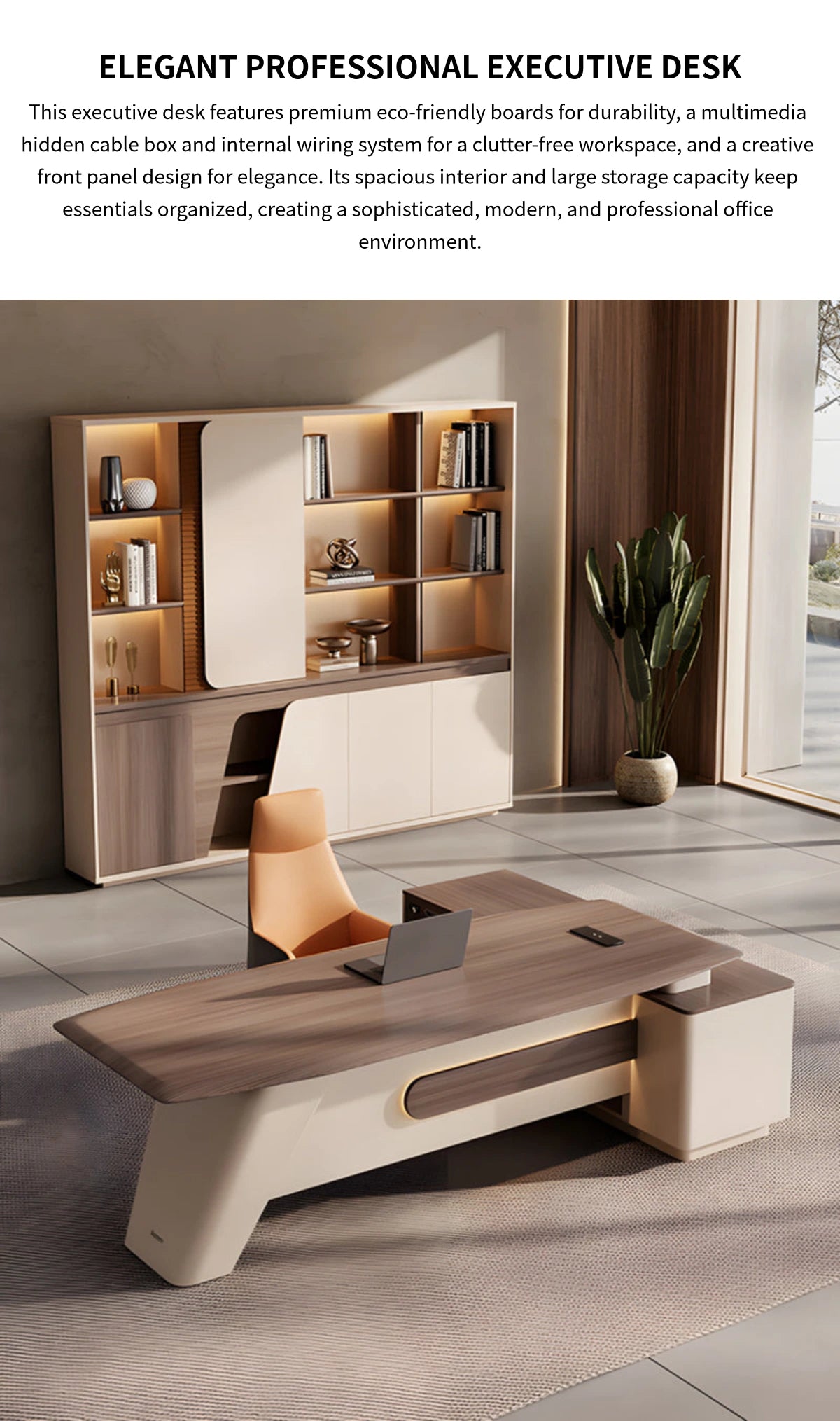 Modern Executive Desk with Cable Management, Lockable & File Drawers for Home Office — Detail image 1