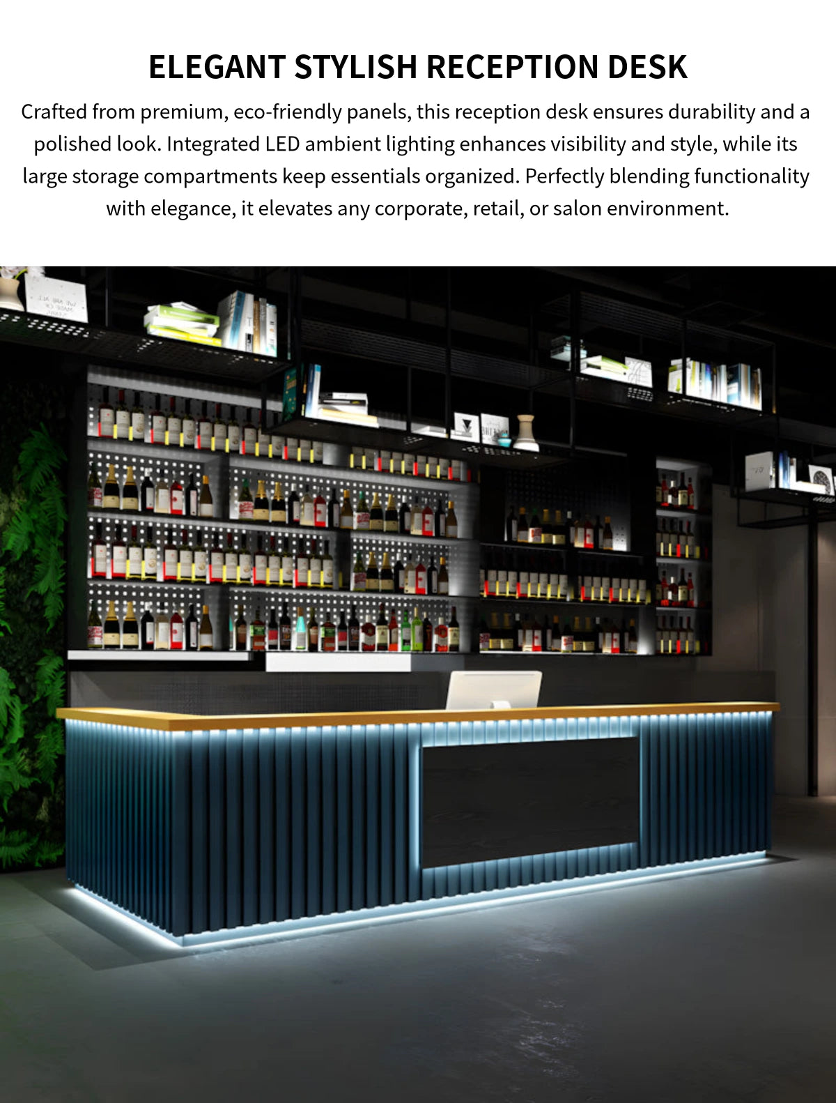 Salon Reception Desk 39-157 in Wide with LED Lighting, Fluted Front & Keyboard Tray — Detail image 1