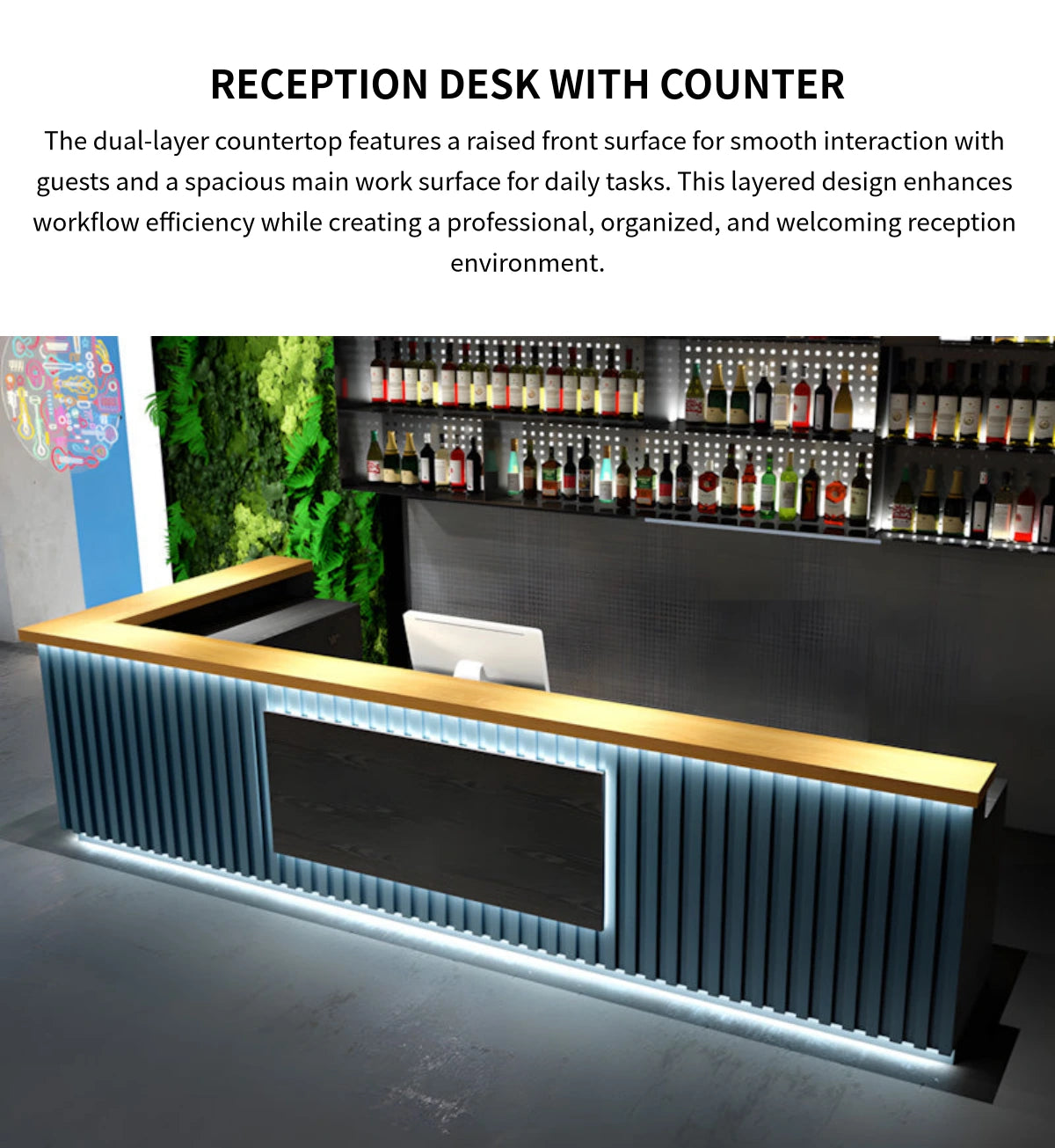 Salon Reception Desk 39-157 in Wide with LED Lighting, Fluted Front & Keyboard Tray — Detail image 4