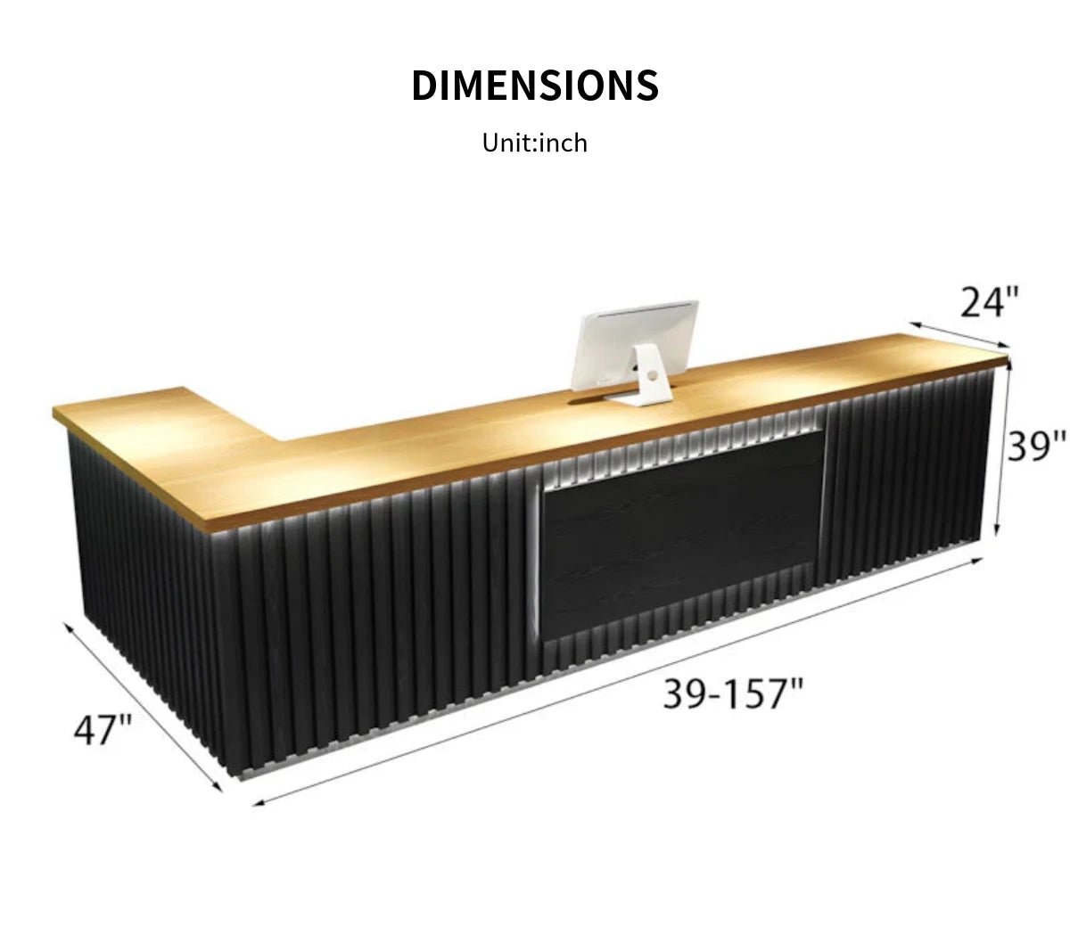 Salon Reception Desk 39-157 in Wide with LED Lighting, Fluted Front & Keyboard Tray — Detail image 10