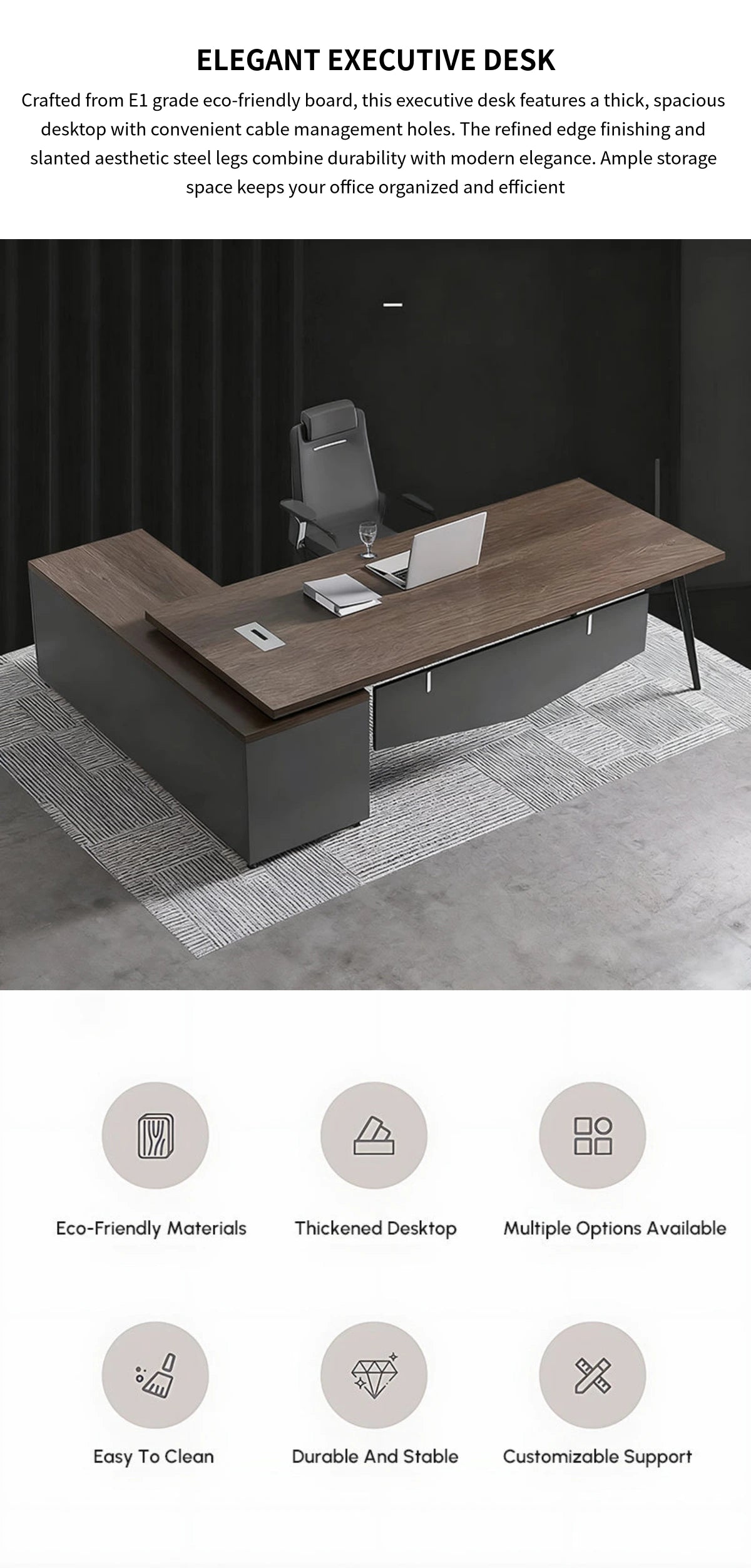 Modern Executive Desk 51-75 in Wide with Cable Management, Lumbar Support & Privacy Panel — Detail image 1