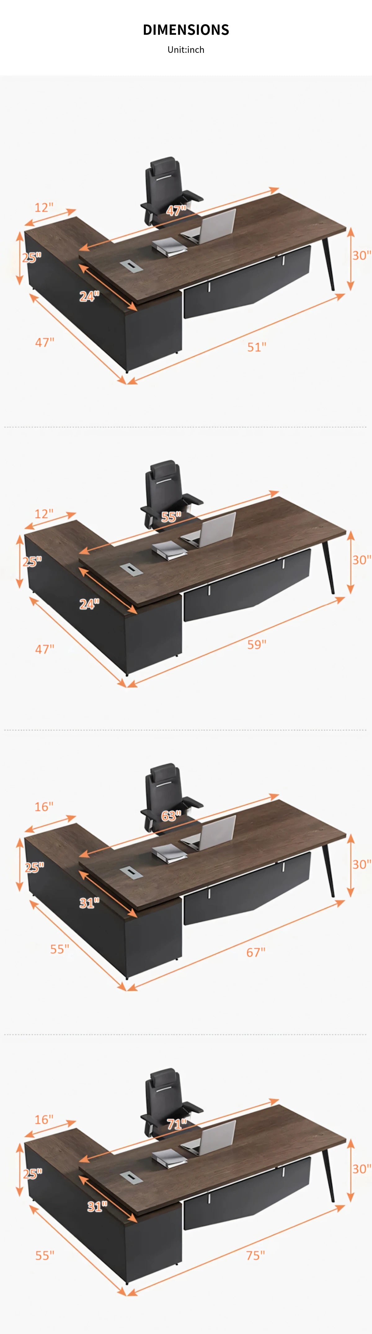 Modern Executive Desk 51-75 in Wide with Cable Management, Lumbar Support & Privacy Panel — Detail image 13