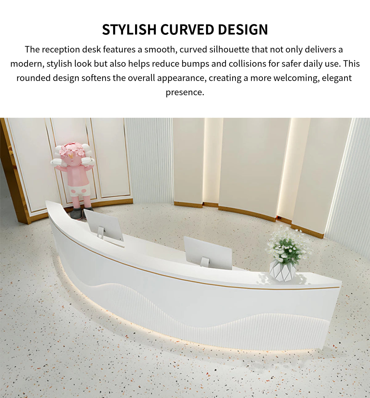 Curved Reception Desk 59-205 in Wide with Keyboard Tray, File Drawers & LED Lighting — Detail image 4