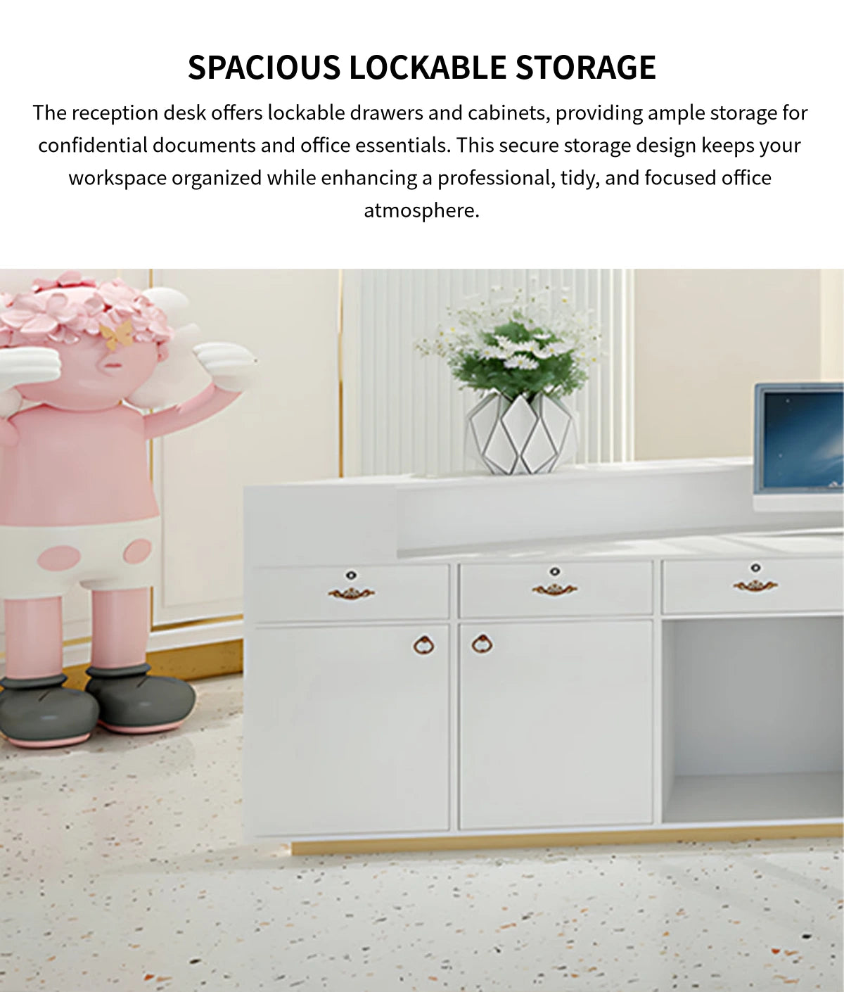 Curved Reception Desk 59-205 in Wide with Keyboard Tray, File Drawers & LED Lighting — Detail image 6