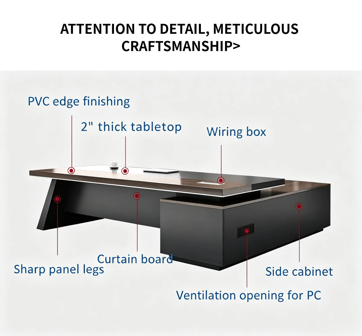 Modern Executive Desk 21-126 in Wide with Cable Management & Side Storage for Home Office — Detail image 2