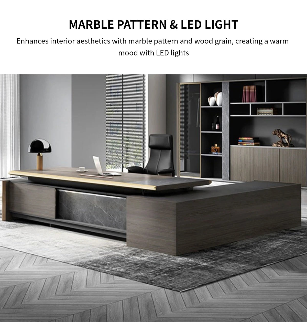 Modern Executive Desk with LED Lighting, Side Storage & Marble Top for Home Office — Detail image 3