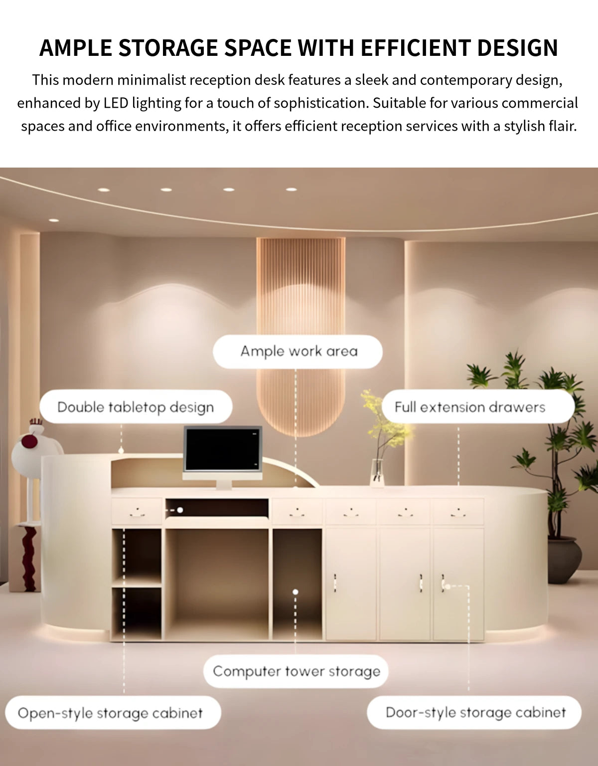 L-Shaped Reception Desk 55-157 in Wide with LED Lighting, Lockable & File Drawers — Detail image 9