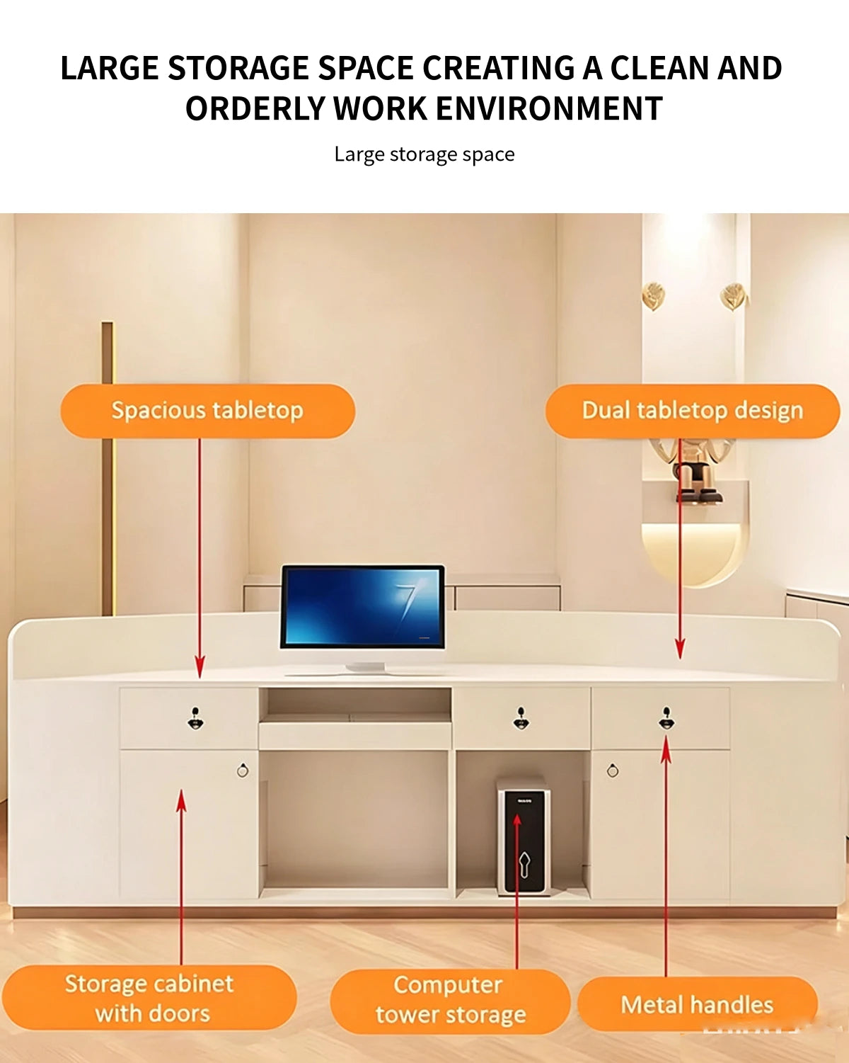 Curved Reception Desk with File Drawers, LED Lighting & Lockable for Retail — Detail image 6