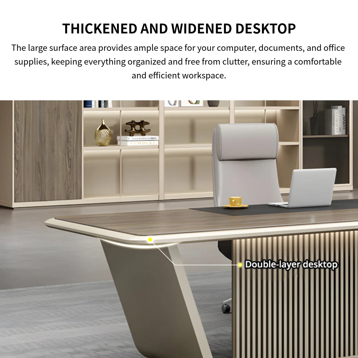Modern Executive Desk with Boat-Shaped, Side Storage & Cable Management for Home Office — Detail image 3
