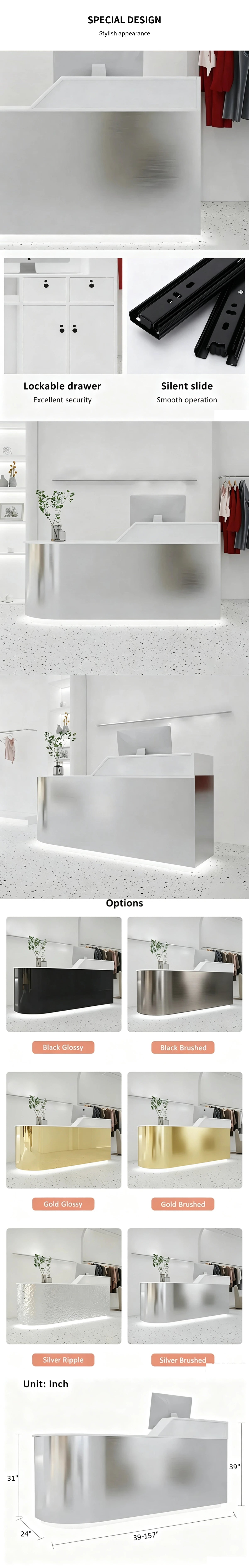 Curved Reception Desk 39-118 in Wide with Stainless Steel, LED Lighting & Lumbar Support — Detail image 7