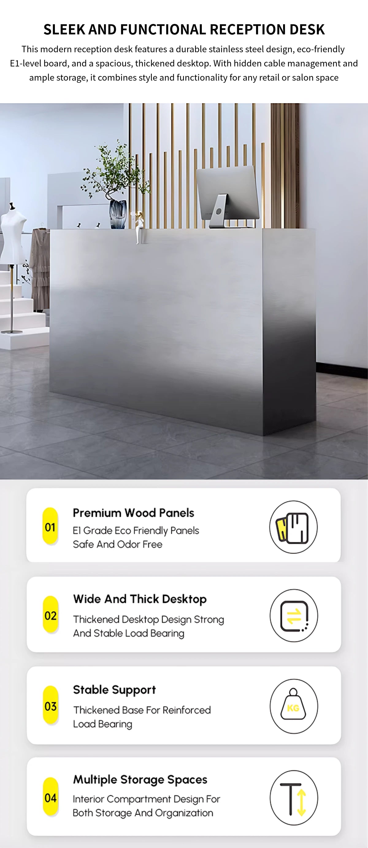 Salon Reception Desk 31-87 in Wide with Stainless Steel & Cable Management for Salon — Detail image 1
