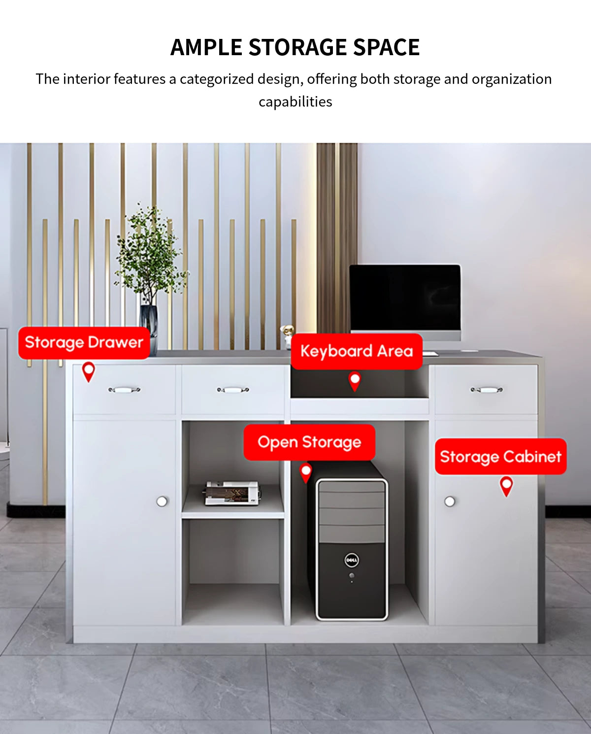 Salon Reception Desk 31-87 in Wide with Stainless Steel & Cable Management for Salon — Detail image 7