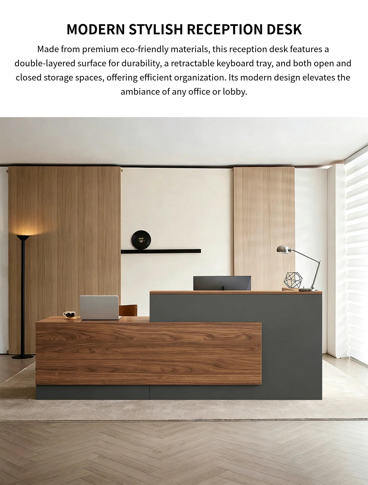 Modern Reception Desk with Keyboard Tray, Lockable & File Drawers for Office Lobby — Detail image 1