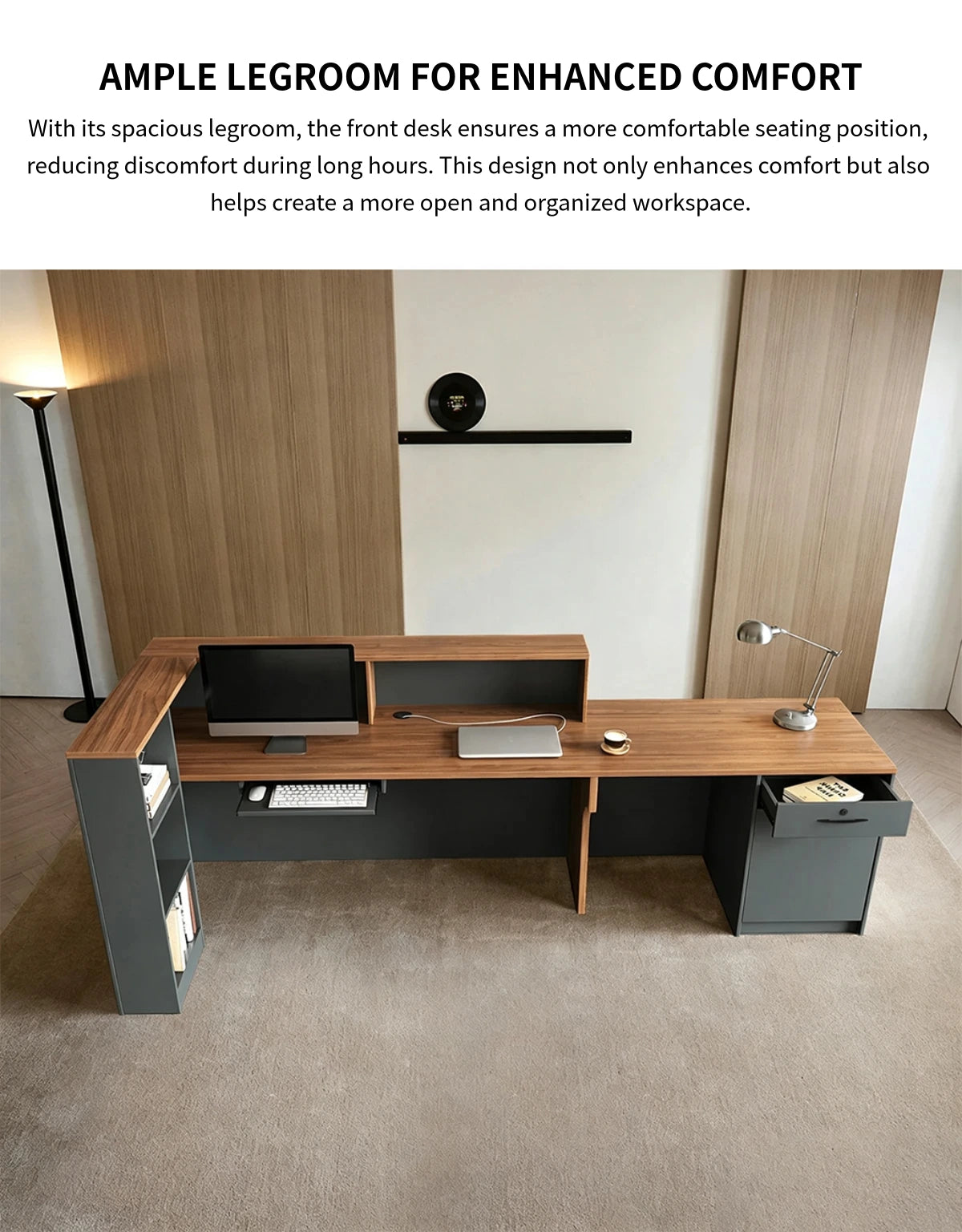 Modern Reception Desk with Keyboard Tray, Lockable & File Drawers for Office Lobby — Detail image 6