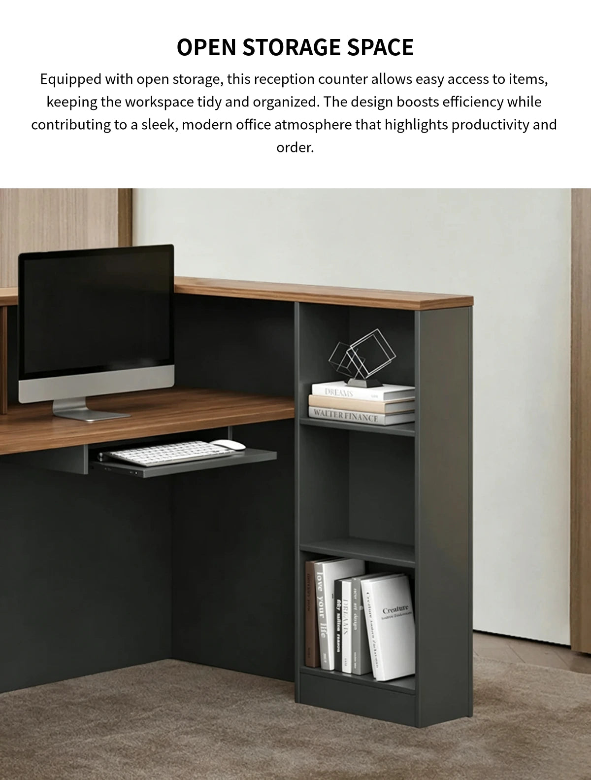 Modern Reception Desk with Keyboard Tray, Lockable & File Drawers for Office Lobby — Detail image 7