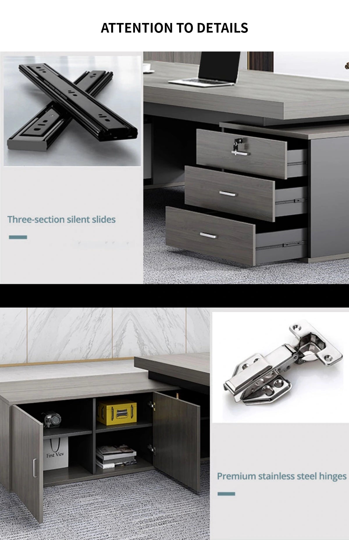 Modern Executive Desk 71-110 in Wide with Cable Management, Side Storage & Stainless Steel — Detail image 5
