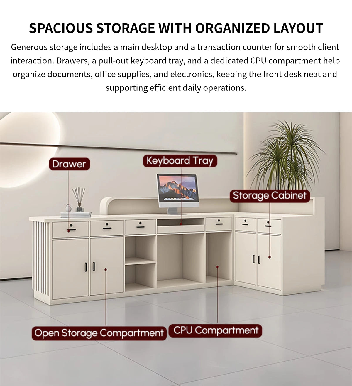 Salon Reception Desk 39-118 in Wide with Keyboard Tray, Lockable & File Drawers for Salon — Detail image 3