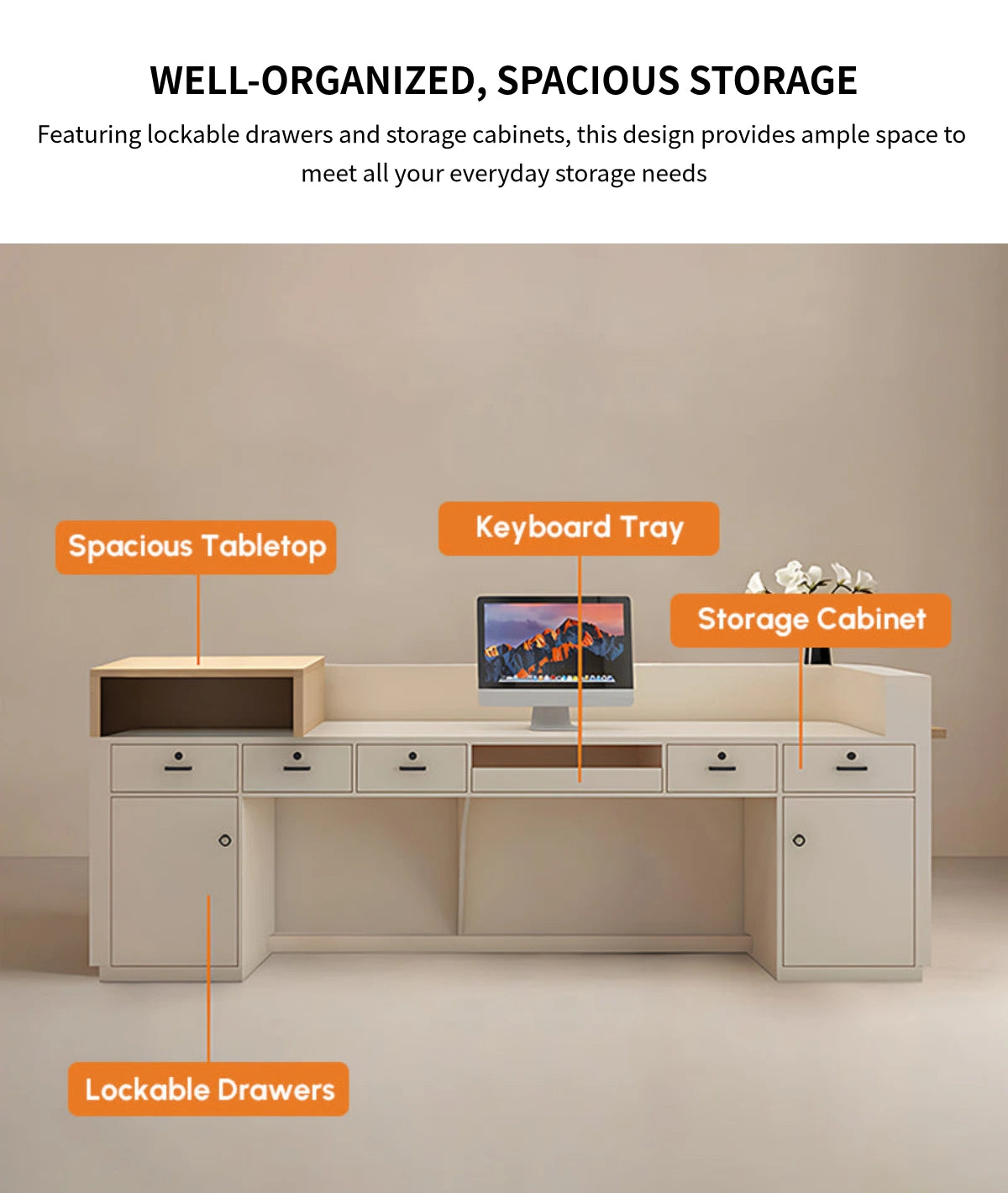 Curved Reception Desk with Rattan, File Drawers & Keyboard Tray for Retail — Detail image 7
