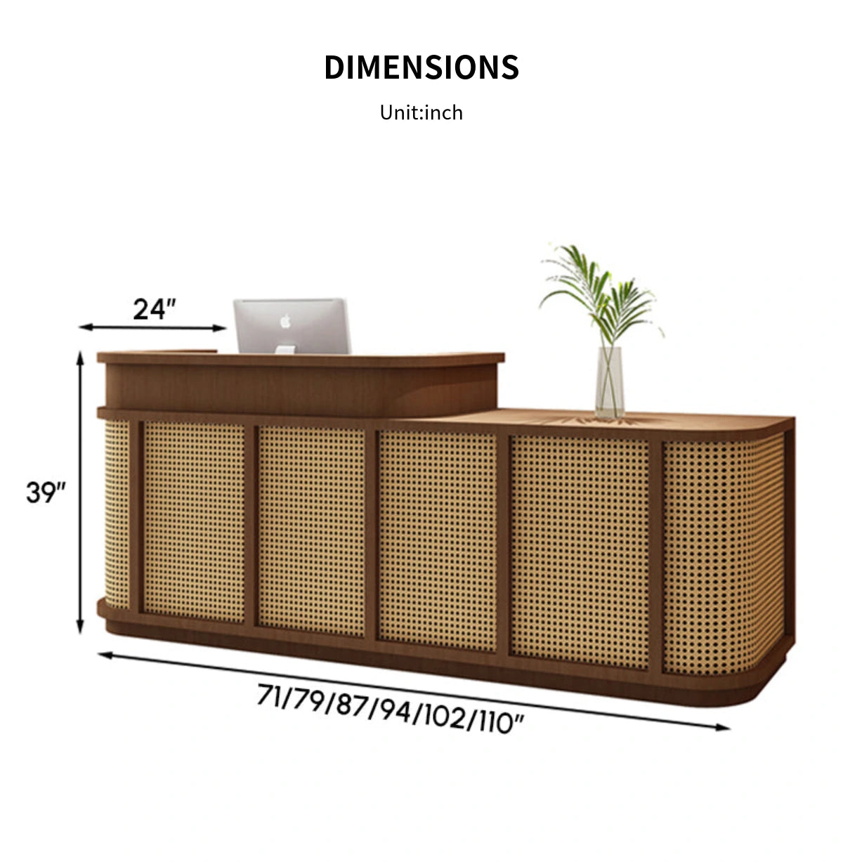 Curved Reception Desk with Keyboard Tray, Rattan & Lockable for Office Lobby — Detail image 12