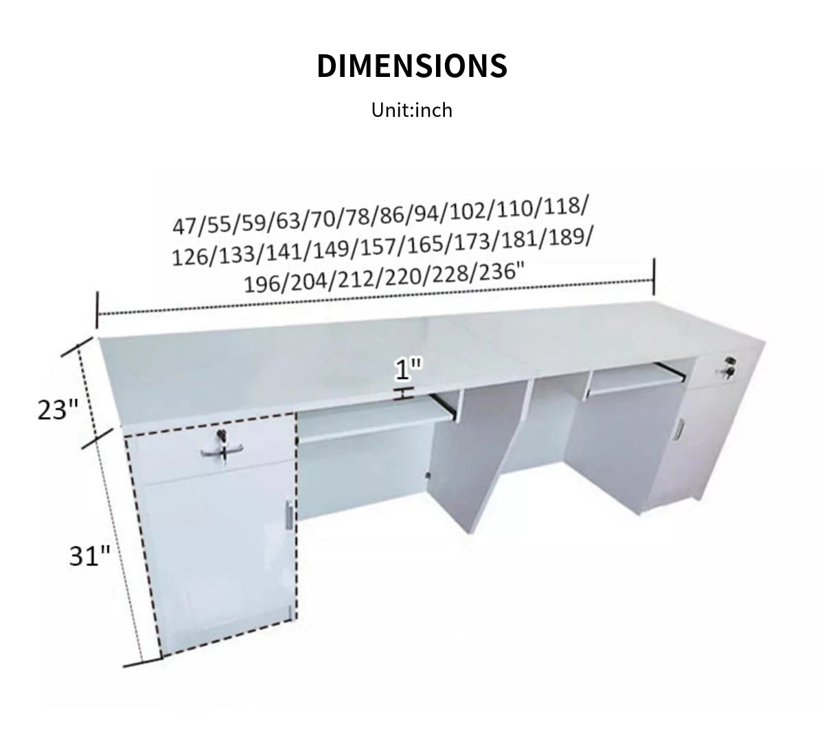 Rectangular Reception Desk 47-94 in Wide with File Drawers, Keyboard Tray & Lockable — Detail image 13