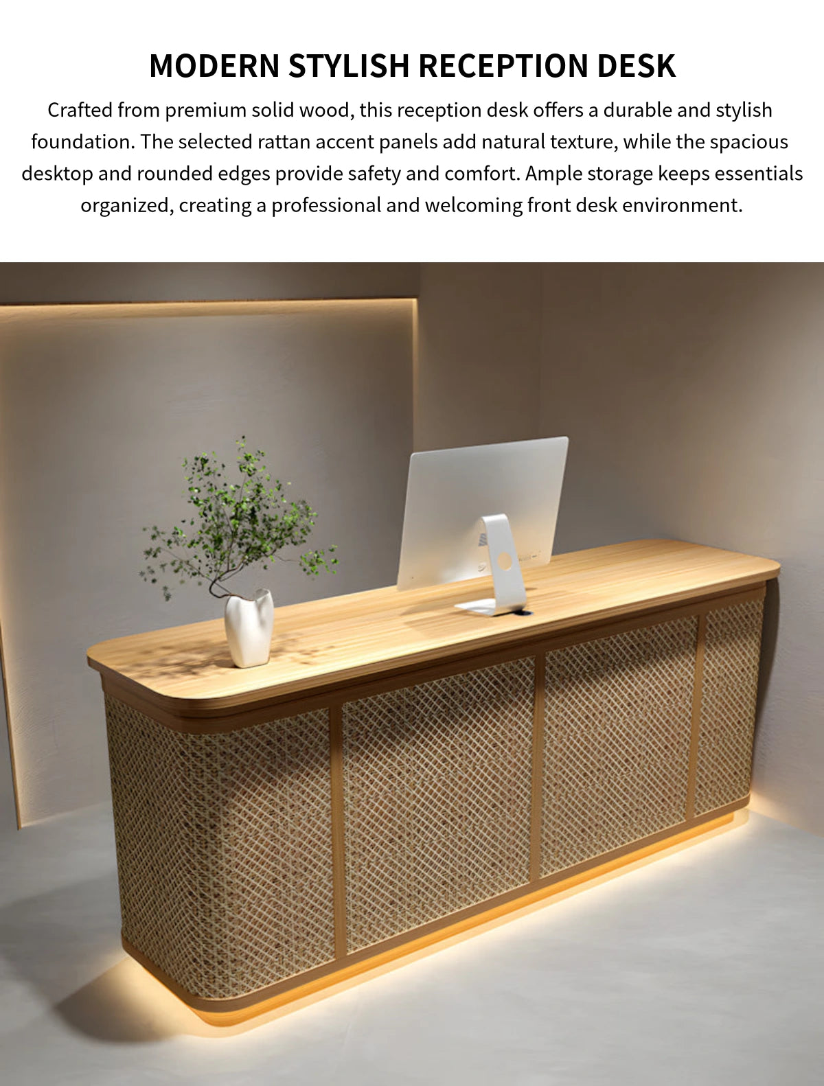 Round Reception Desk 47-118 in Wide with Keyboard Tray, Rattan & Solid Wood for Salon — Detail image 1