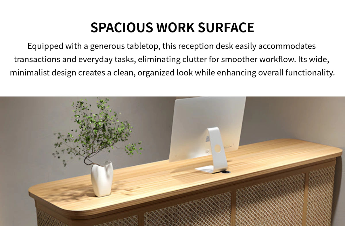 Round Reception Desk 47-118 in Wide with Keyboard Tray, Rattan & Solid Wood for Salon — Detail image 4