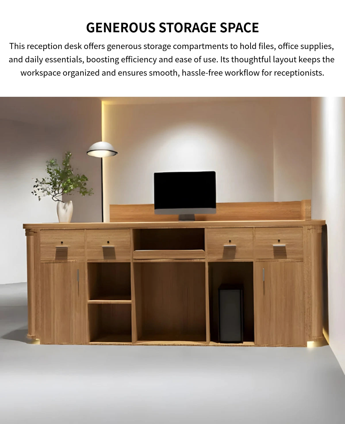 Round Reception Desk 47-118 in Wide with Keyboard Tray, Rattan & Solid Wood for Salon — Detail image 6