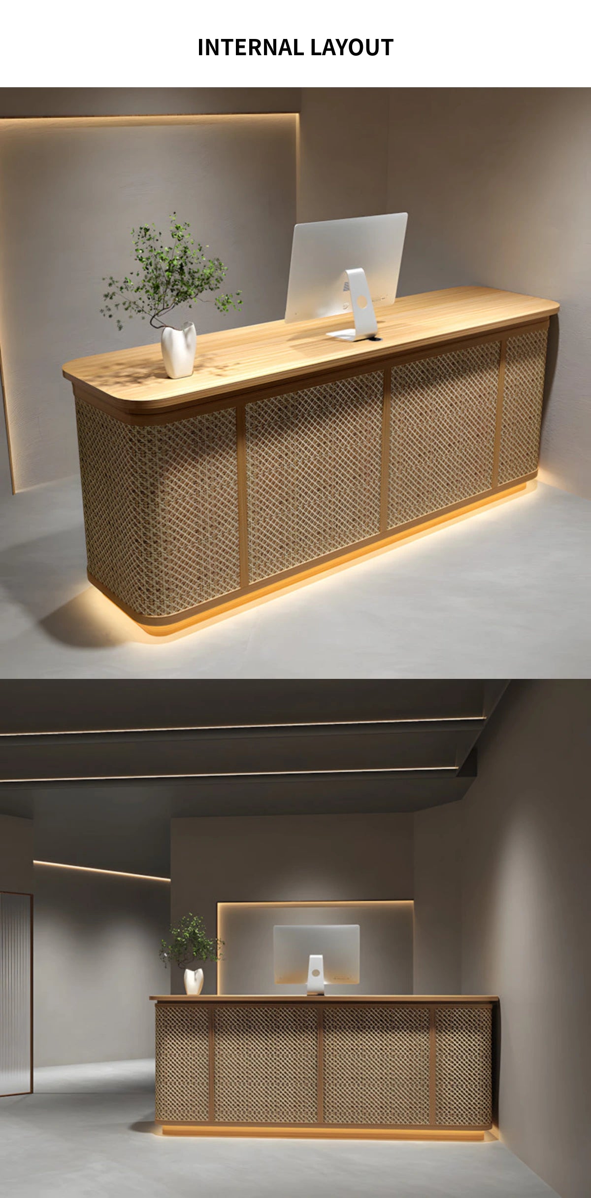 Round Reception Desk 47-118 in Wide with Keyboard Tray, Rattan & Solid Wood for Salon — Detail image 9