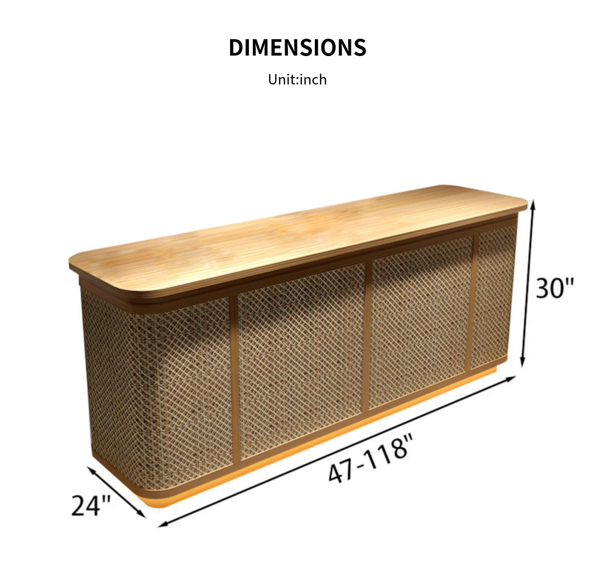 Round Reception Desk 47-118 in Wide with Keyboard Tray, Rattan & Solid Wood for Salon — Detail image 11