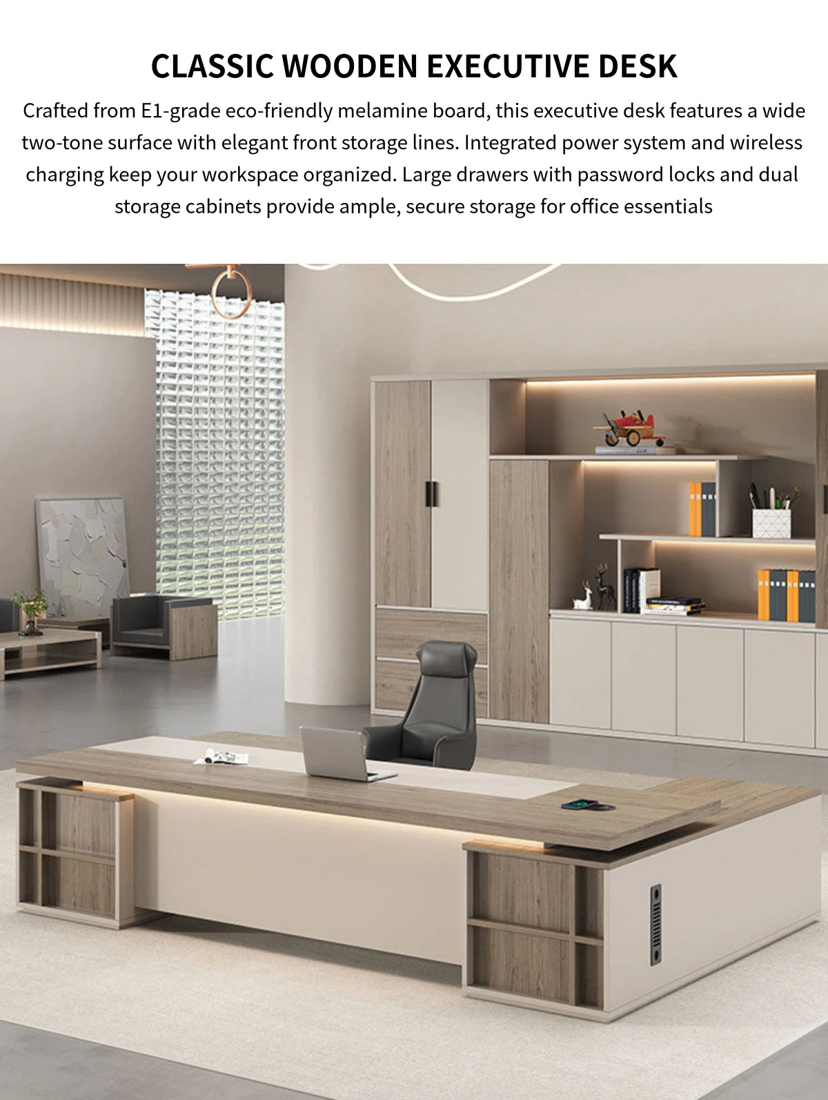Modern Executive Desk with Cable Management, Dual-Tone & Wireless Charging for Home Office — Detail image 1