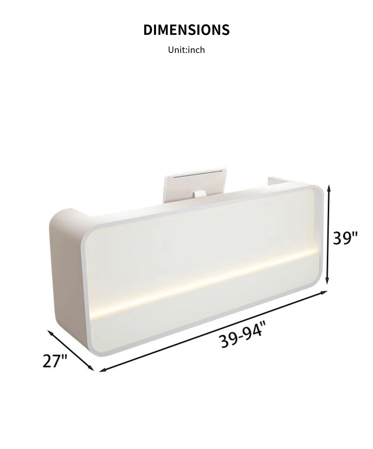 Curved Reception Desk 39-94 in Wide with LED Lighting & Lumbar Support for Salon — Detail image 13