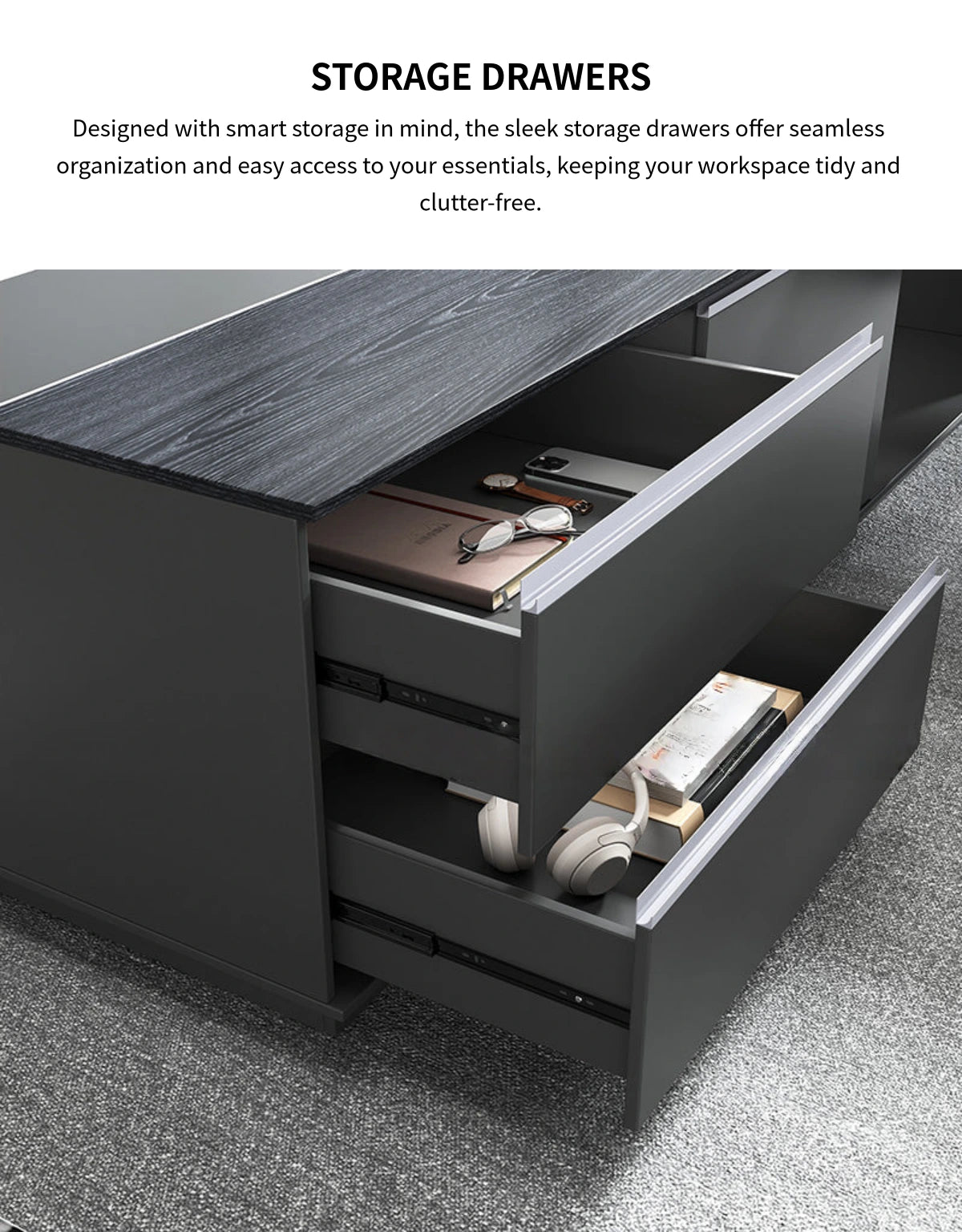 L-Shaped Executive Desk 79-87 in Wide with File Drawers for Home Office — Detail image 3