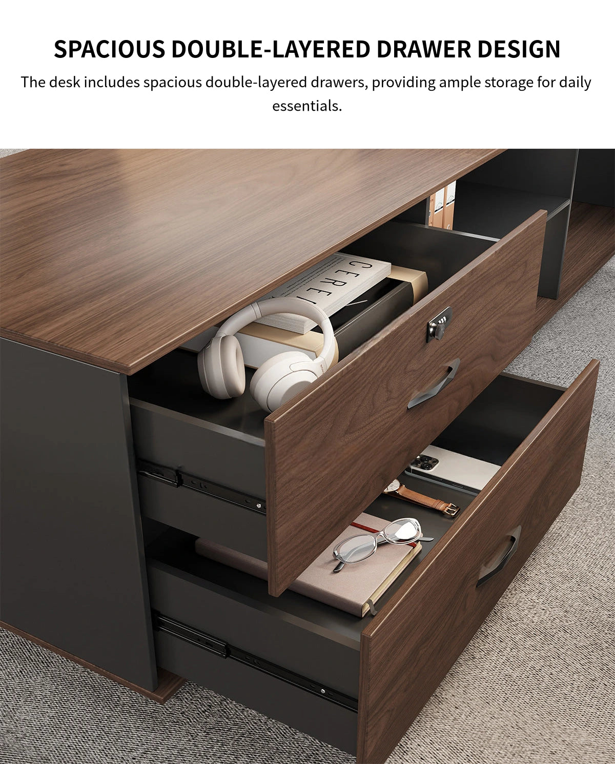 L-Shaped Executive Desk with LED Lighting, Lockable & File Drawers for Home Office — Detail image 2