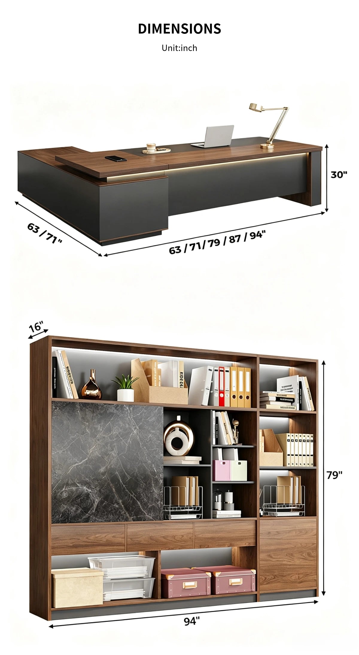 L-Shaped Executive Desk with LED Lighting, Lockable & File Drawers for Home Office — Detail image 7