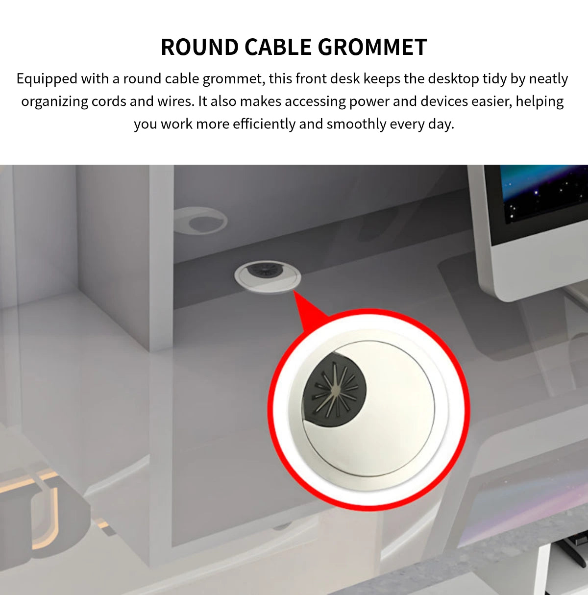 Round Reception Desk 55-189 in Wide with Cable Management, LED Lighting & Keyboard Tray — Detail image 3