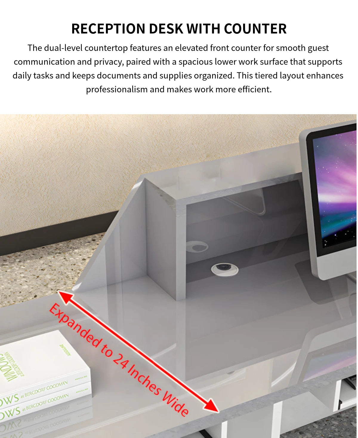 Round Reception Desk 55-189 in Wide with Cable Management, LED Lighting & Keyboard Tray — Detail image 4