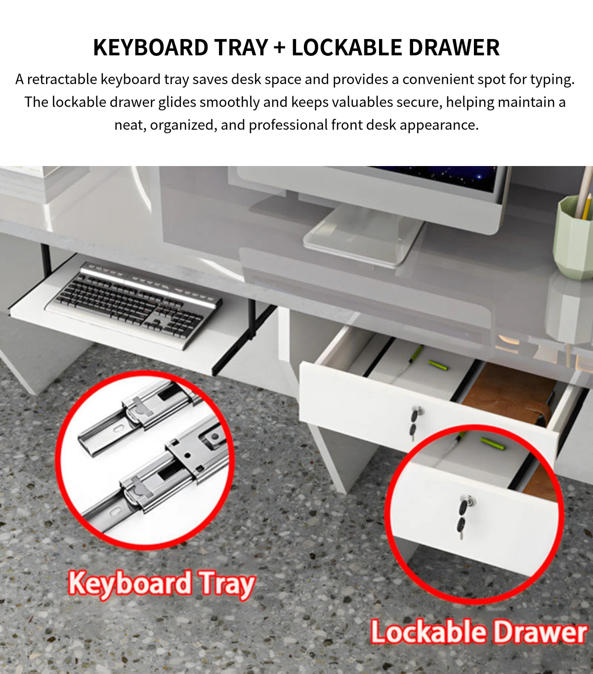 Round Reception Desk 55-189 in Wide with Cable Management, LED Lighting & Keyboard Tray — Detail image 5