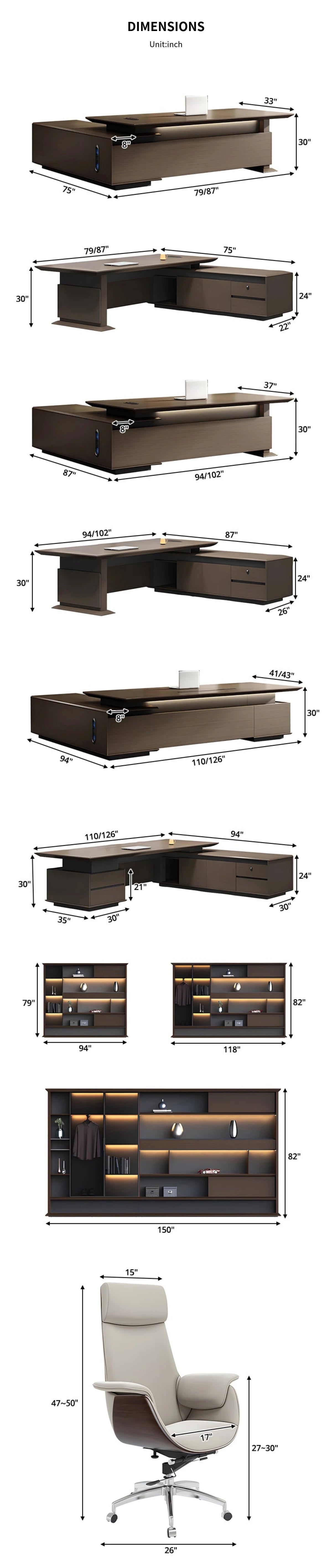L-Shaped Executive Desk 79-150 in Wide with Lockable for Home Office — Detail image 10