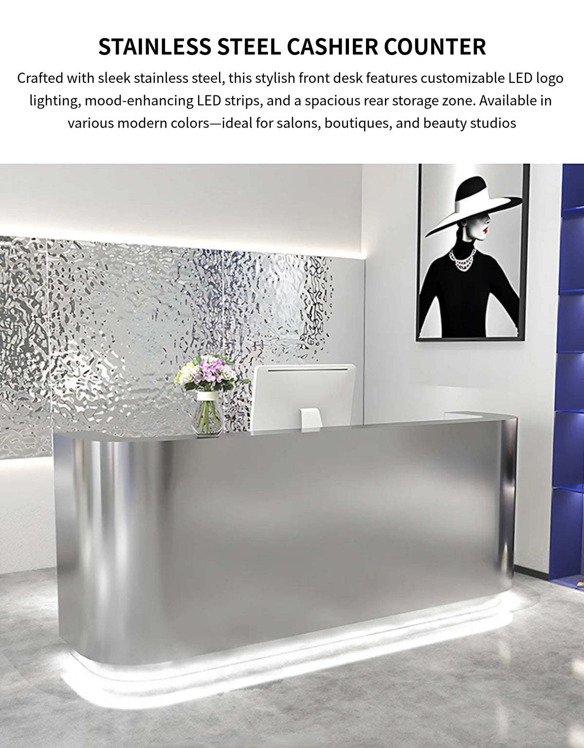 Curved Reception Desk 39-110 in Wide with LED Lighting, Stainless Steel & Lumbar Support — Detail image 1