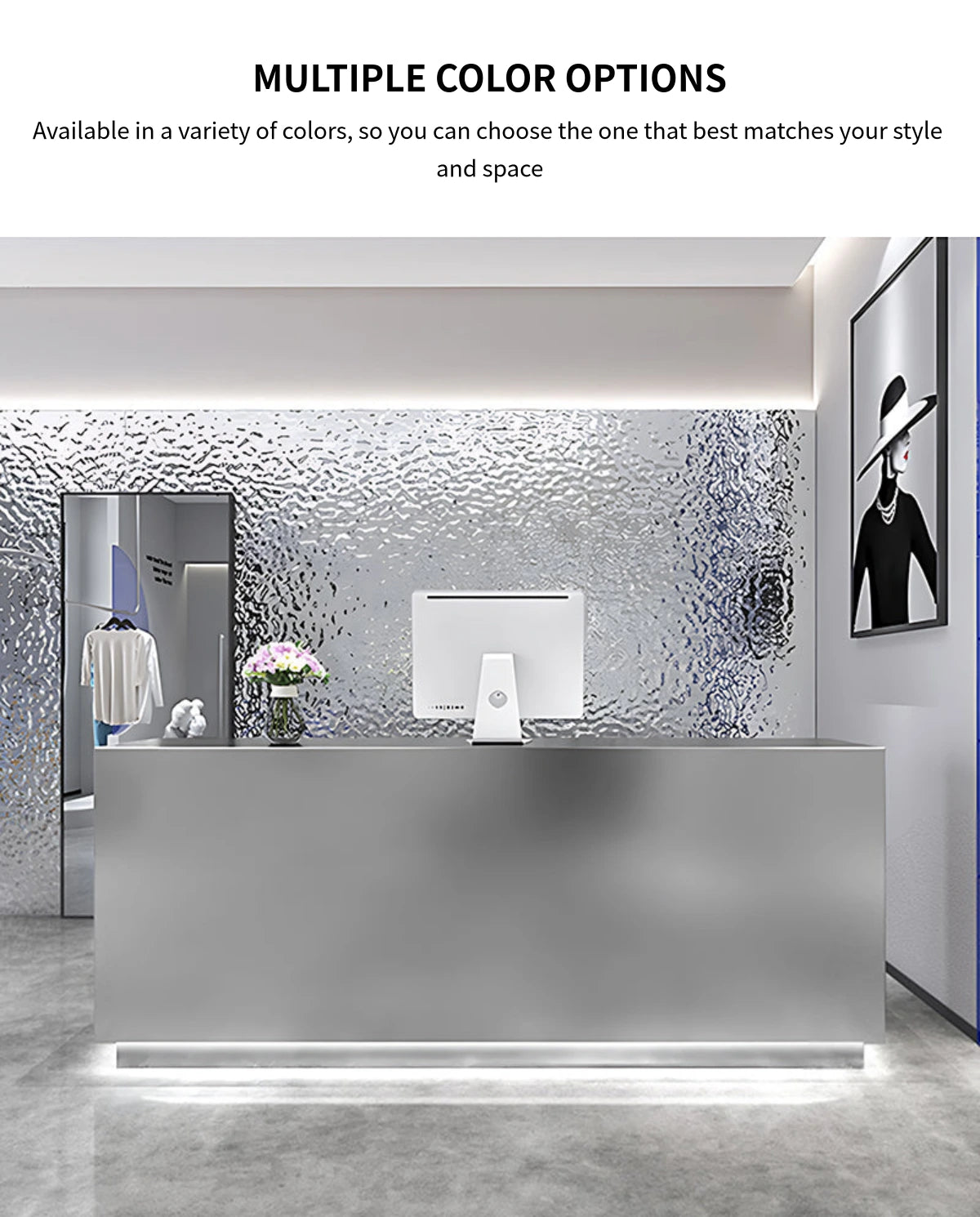 Curved Reception Desk 39-110 in Wide with LED Lighting, Stainless Steel & Lumbar Support — Detail image 6