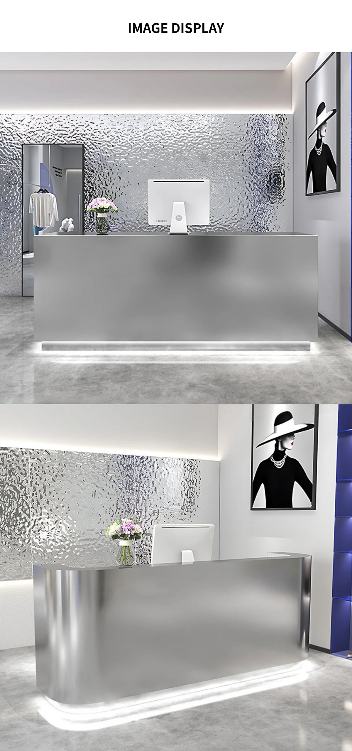 Curved Reception Desk 39-110 in Wide with LED Lighting, Stainless Steel & Lumbar Support — Detail image 9
