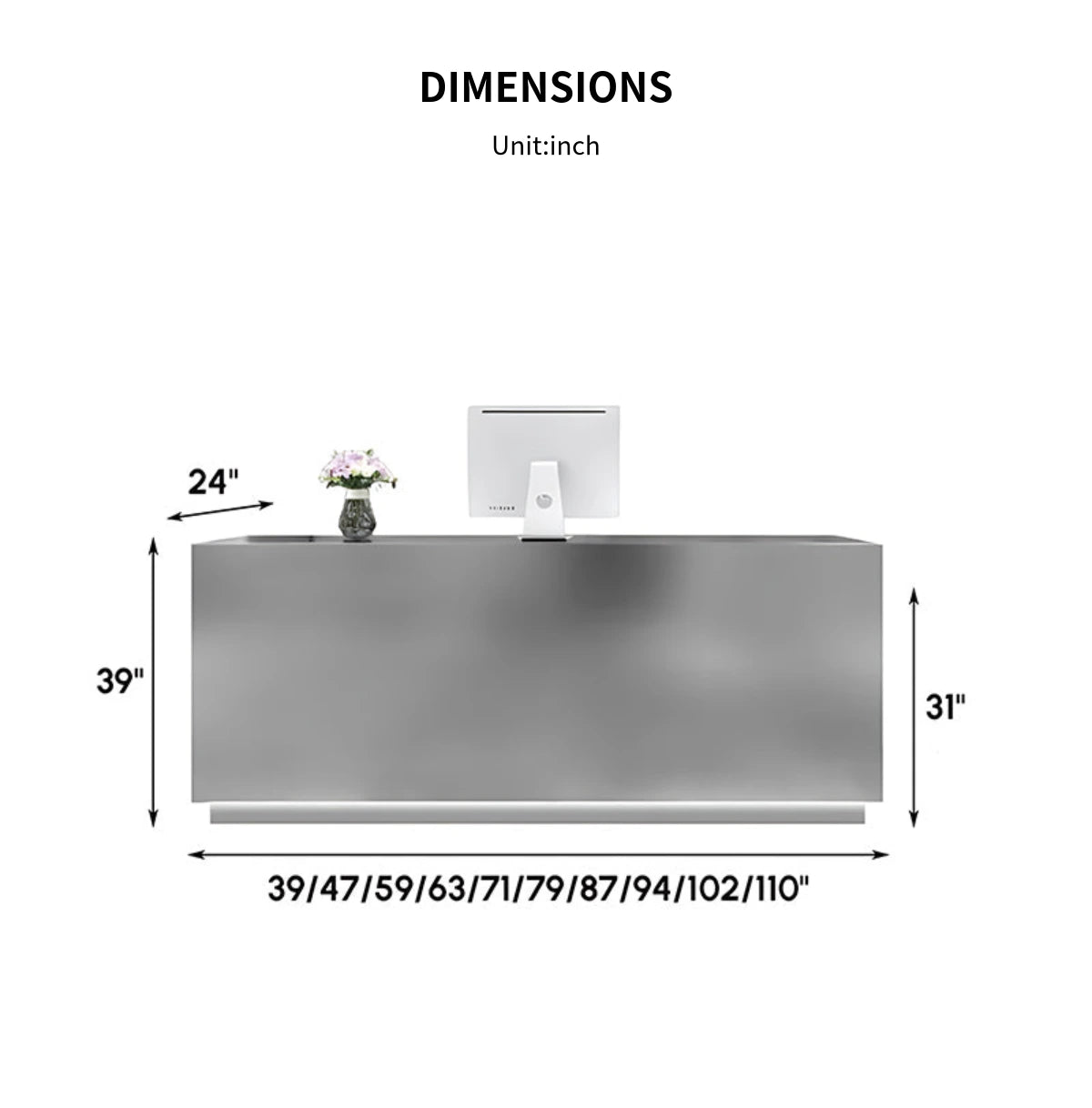 Curved Reception Desk 39-110 in Wide with LED Lighting, Stainless Steel & Lumbar Support — Detail image 11