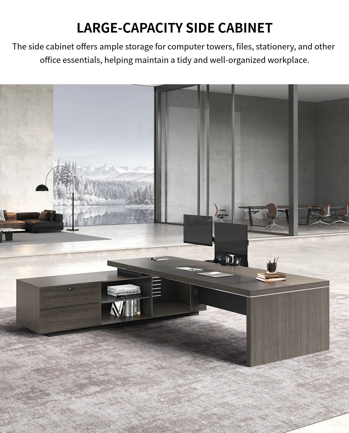 L-Shaped Executive Desk with Side Storage, Built-In Outlets & Cable Management — Detail image 6